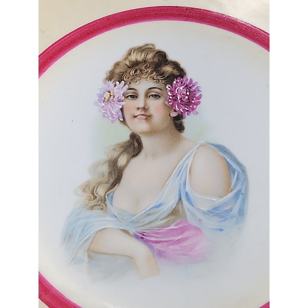 Victorian Lady PORTRAIT PLATE Hand Painted Serving Dbl Handle Art Nouveau 10.5"